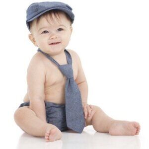 Baby Boys 0-3 Months Chambray Set Denim Hat Tie & Bottoms
